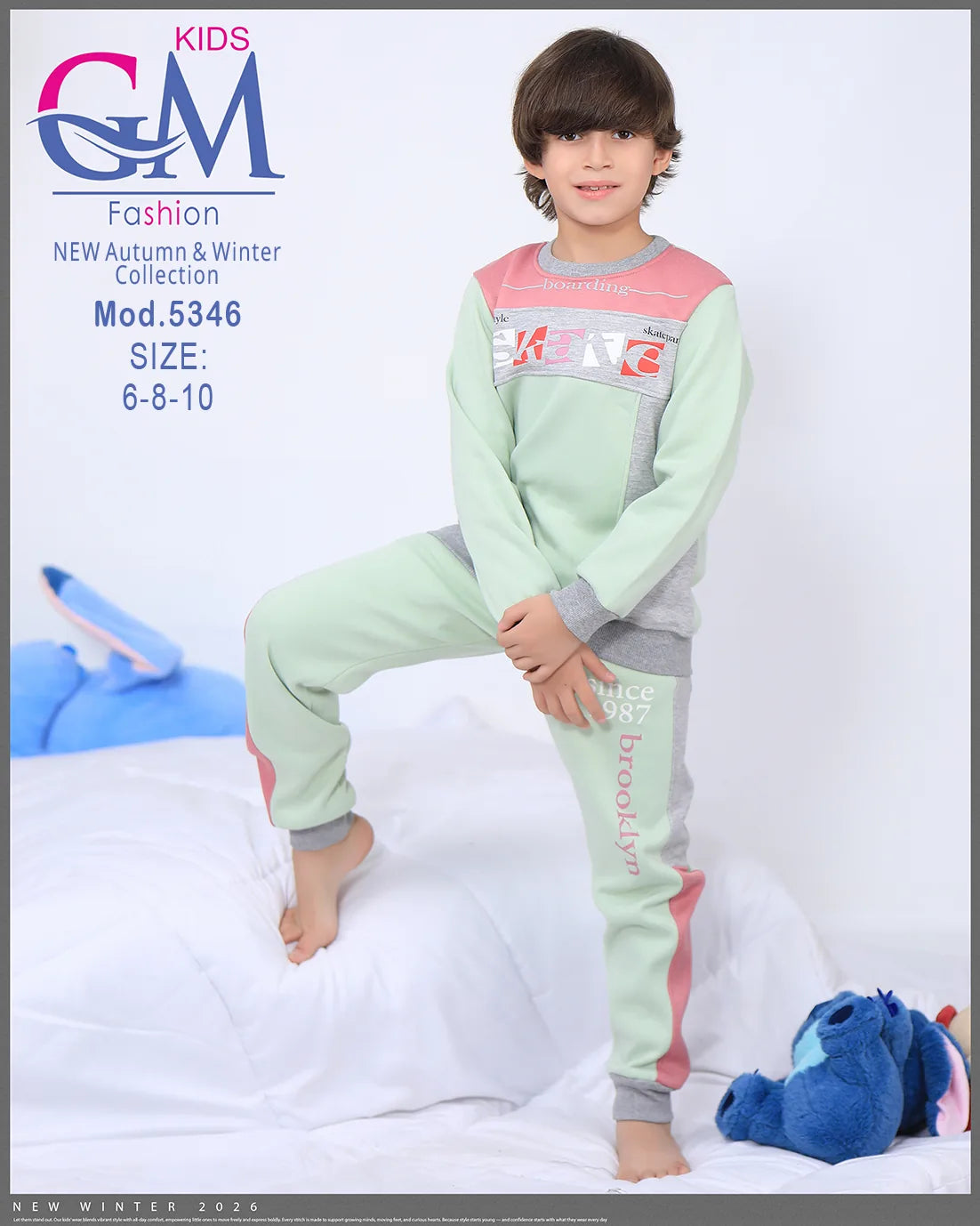 طقم ترنج ولادي شتوي GM Kids | موديل 5346 بتطريز عصري (6-10 سنوات)