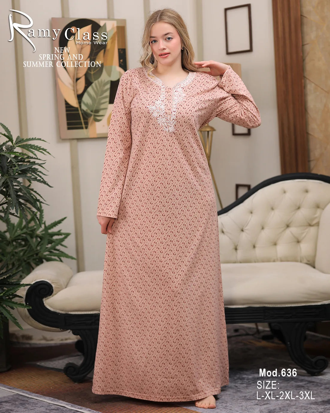 جلابية قطن صيفية مطبوعة طويلة بكمّ طويل | Ramy Class موديل 636 (L–3XL)