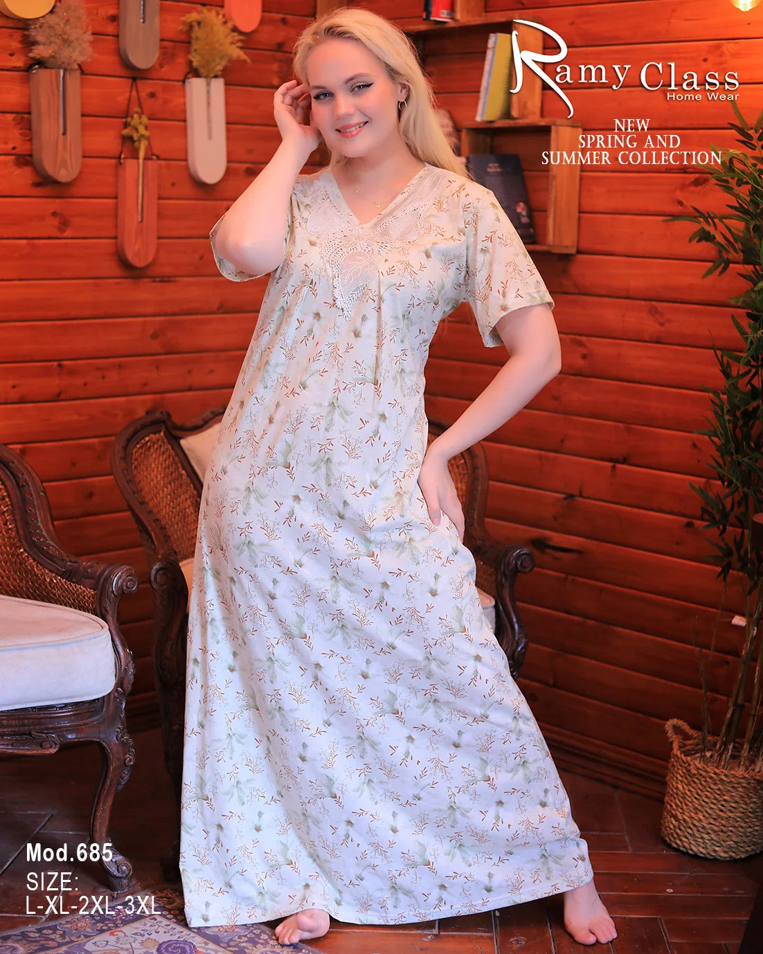 Woman wearing a floral dress in a wooden interior setting with 'Ramy Class' branding.