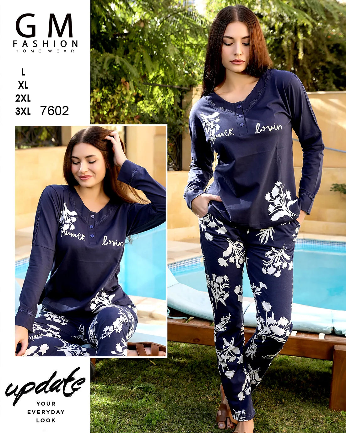 Woman wearing navy blue pajama set with white floral patterns by a pool, with GM Fashion branding.