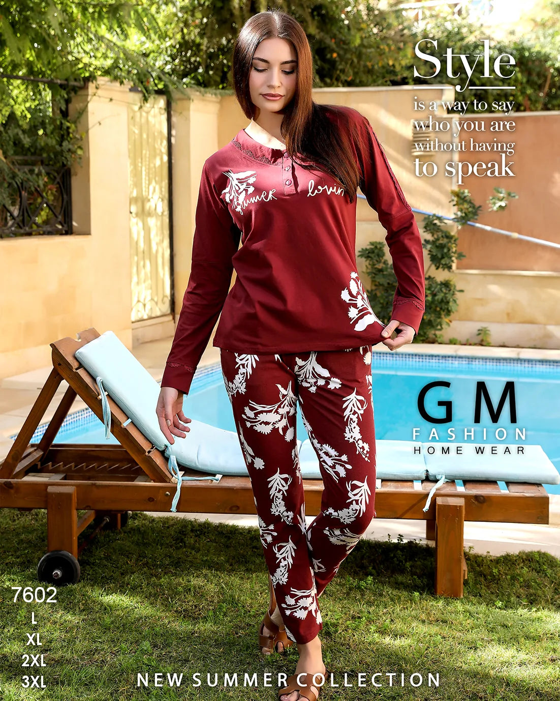 Woman wearing a maroon pajama set with floral patterns by a pool, with 'GM Fashion Home Wear' branding.