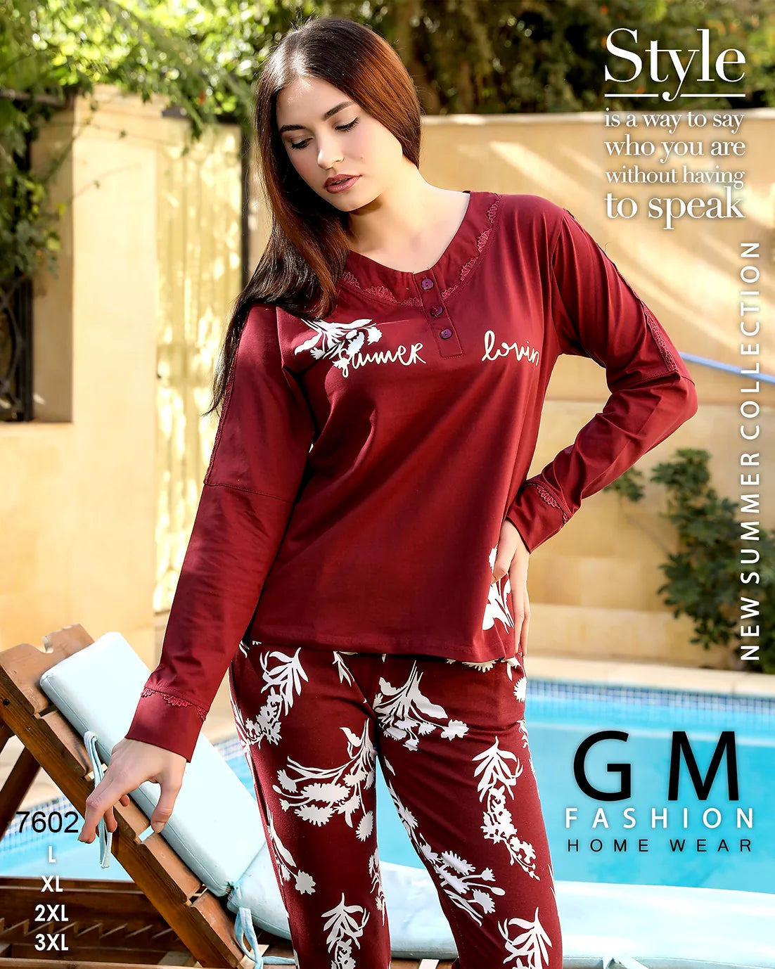 Woman wearing a red and white pajama set by a pool with 'GM Fashion' branding.