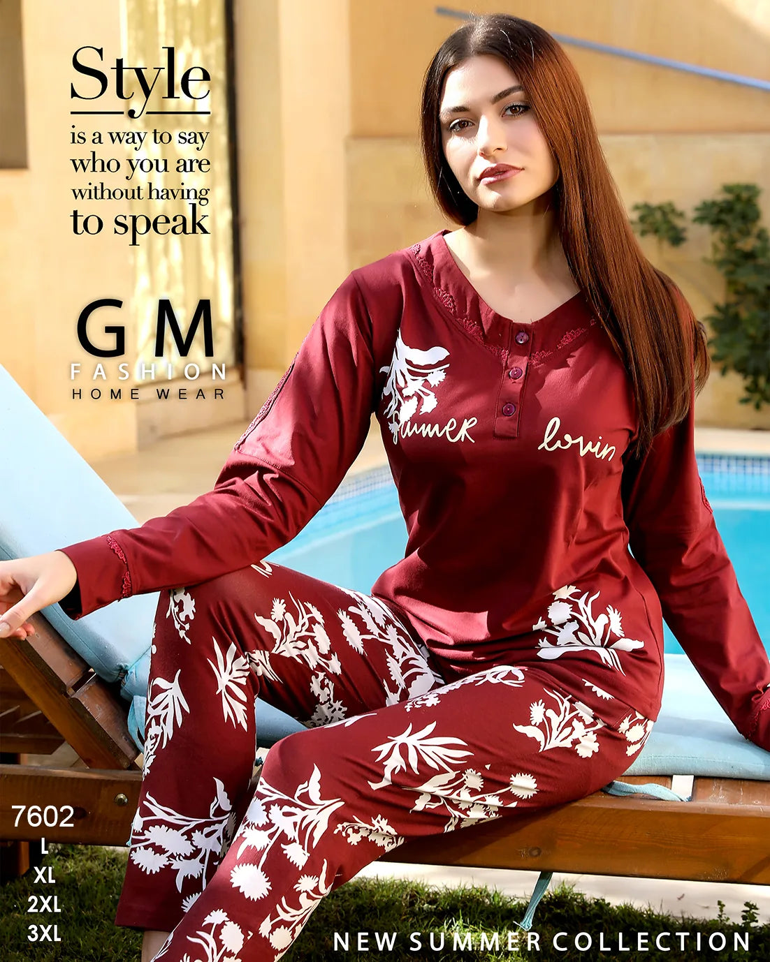 Woman wearing a red and white floral pajama set by GM Fashion Home Wear, sitting by a pool.