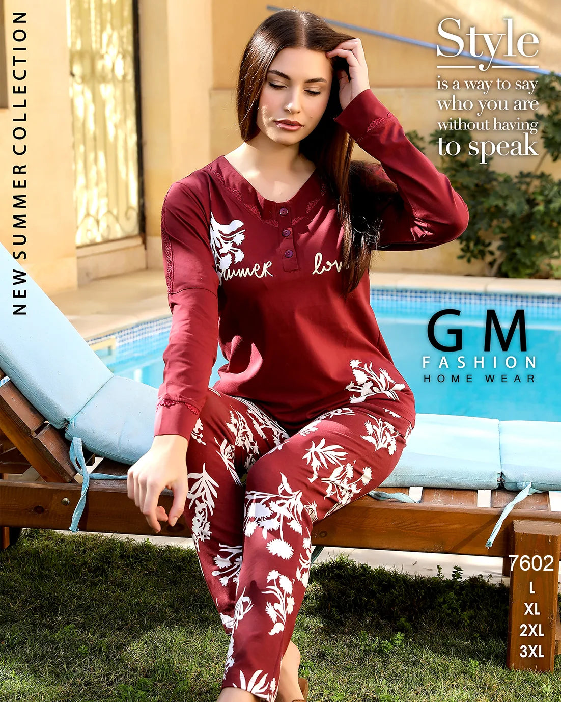 Woman in red loungewear with floral patterns sitting by a pool, featuring GM Fashion branding.