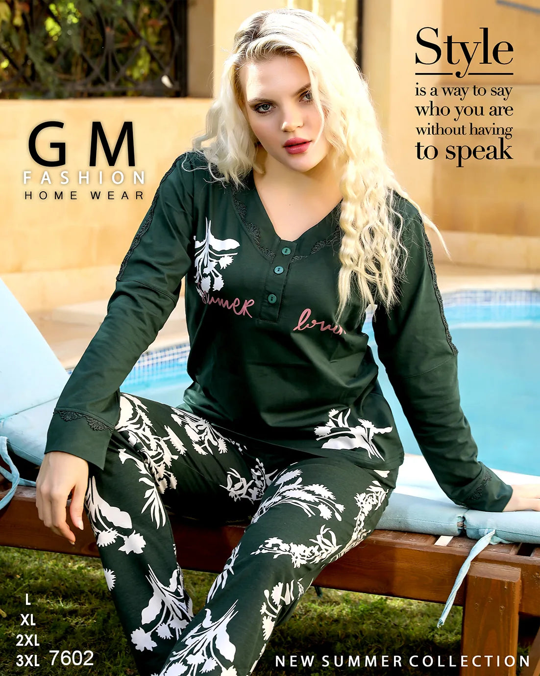 Woman wearing a green and black outfit with floral patterns, sitting by a pool. 'GM Fashion Home Wear' branding is visible.