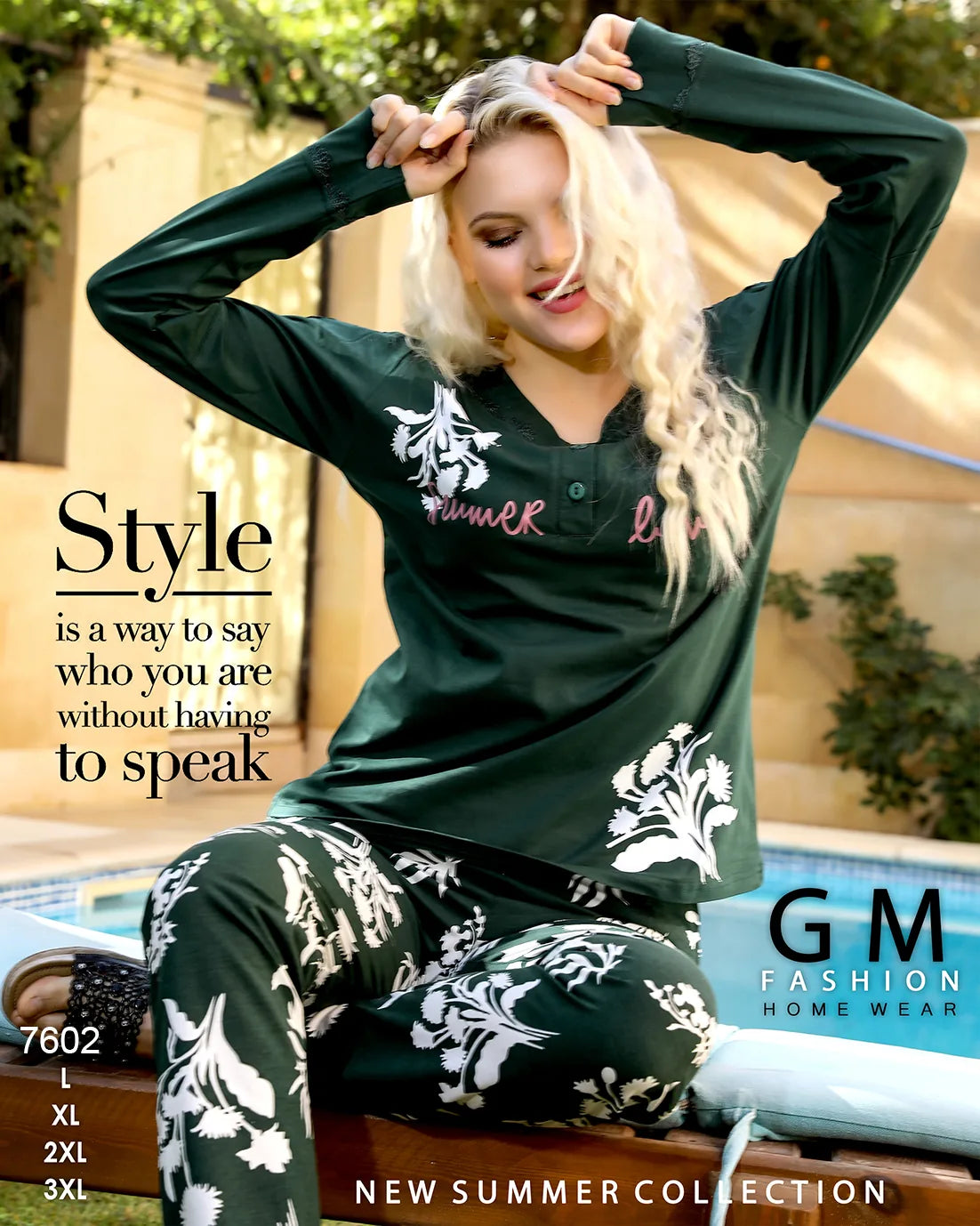 Woman wearing a green outfit with floral patterns by a pool, featuring GM Fashion Home Wear branding.