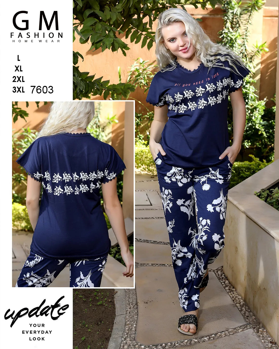Woman wearing navy blue floral pajama set with 'GM Fashion' branding.