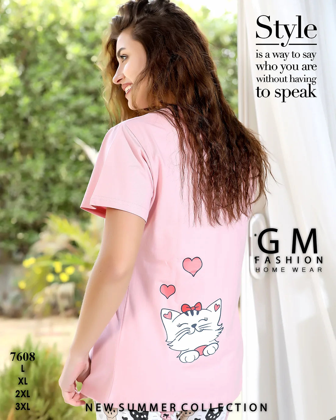 Woman wearing a pink t-shirt with a cat design, standing outdoors with text about fashion and brand 'GM Fashion'.