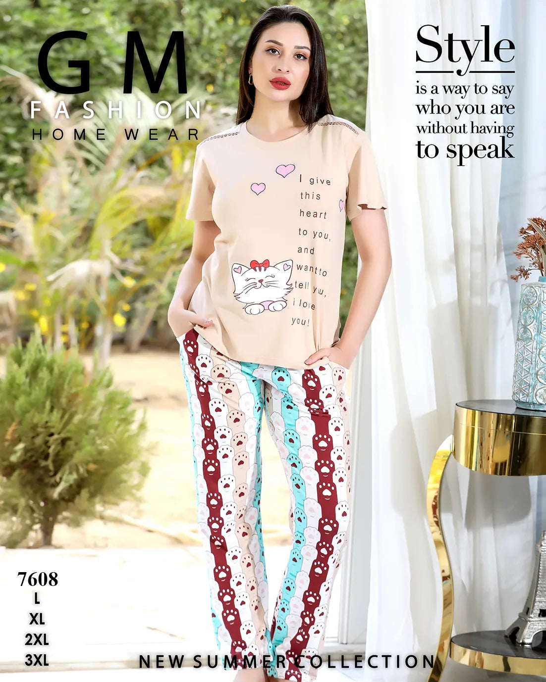 Woman wearing a light-colored outfit with a cat design, standing outdoors with text about fashion and style.