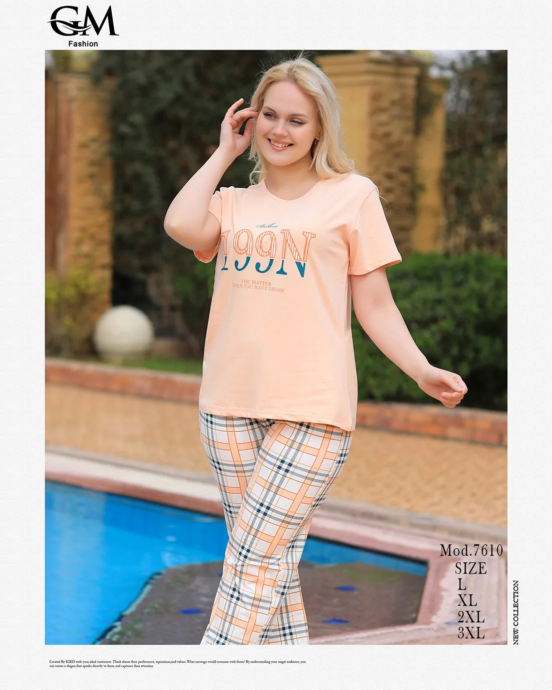 Woman wearing a peach-colored t-shirt with text and plaid pants by a pool, with 'GM Fashion' branding.