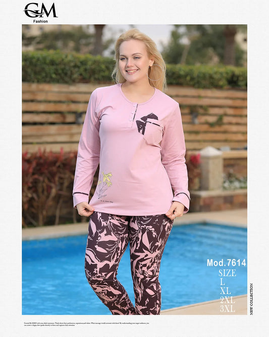 Woman wearing a pink long-sleeve top and patterned pants by a pool, with 'G&M Fashion' branding.