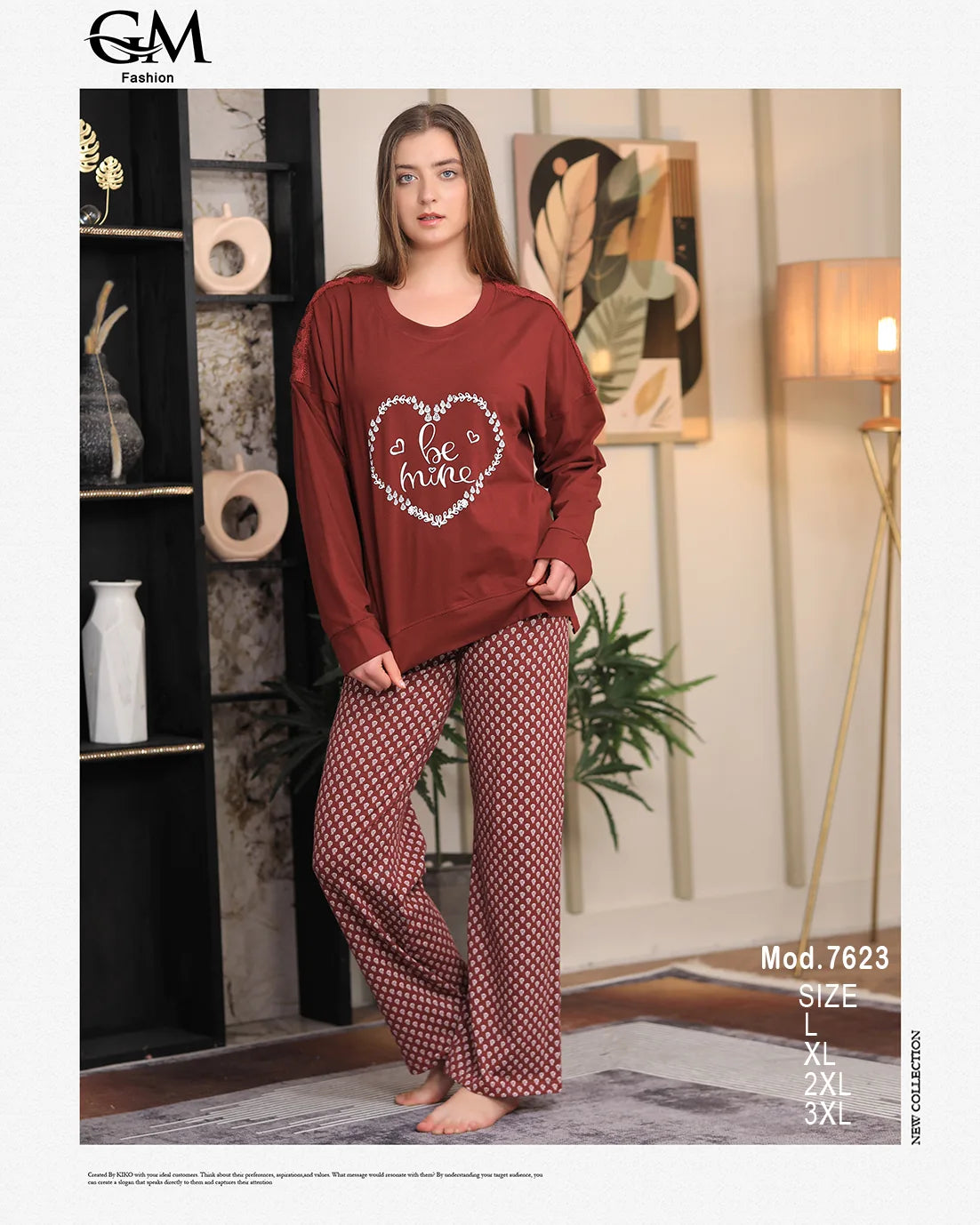 Woman wearing a red long-sleeve top and patterned pants in a room setting with decor elements.