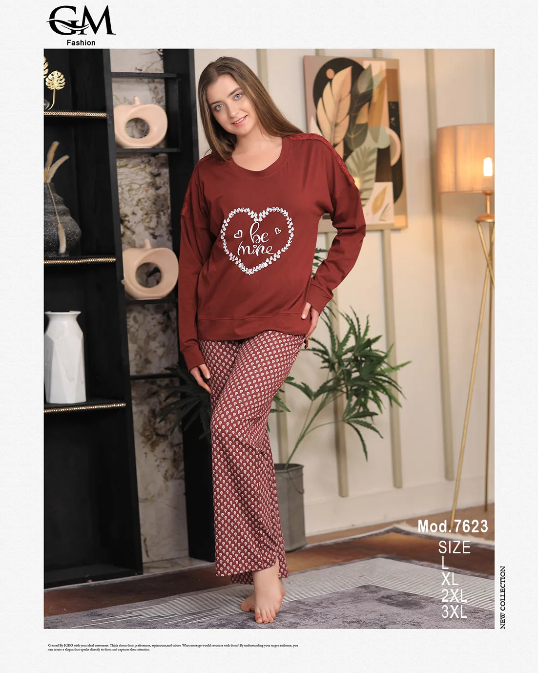 Woman wearing a red outfit with a heart design in a room setting, featuring furniture and decor.