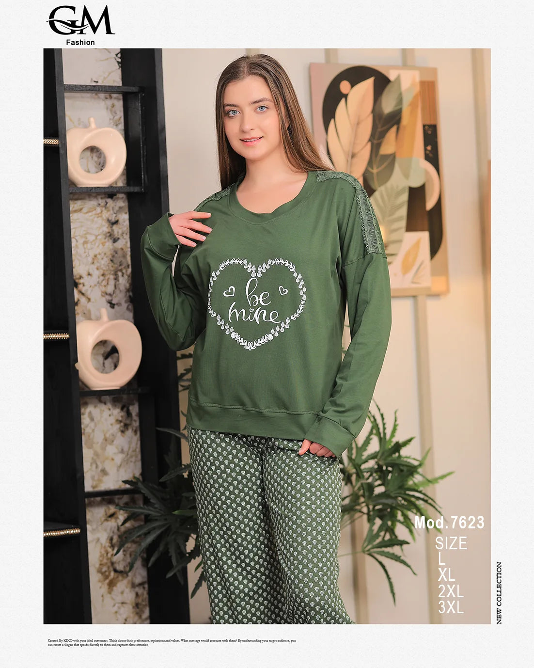 Woman wearing a green outfit with a heart design in a room setting