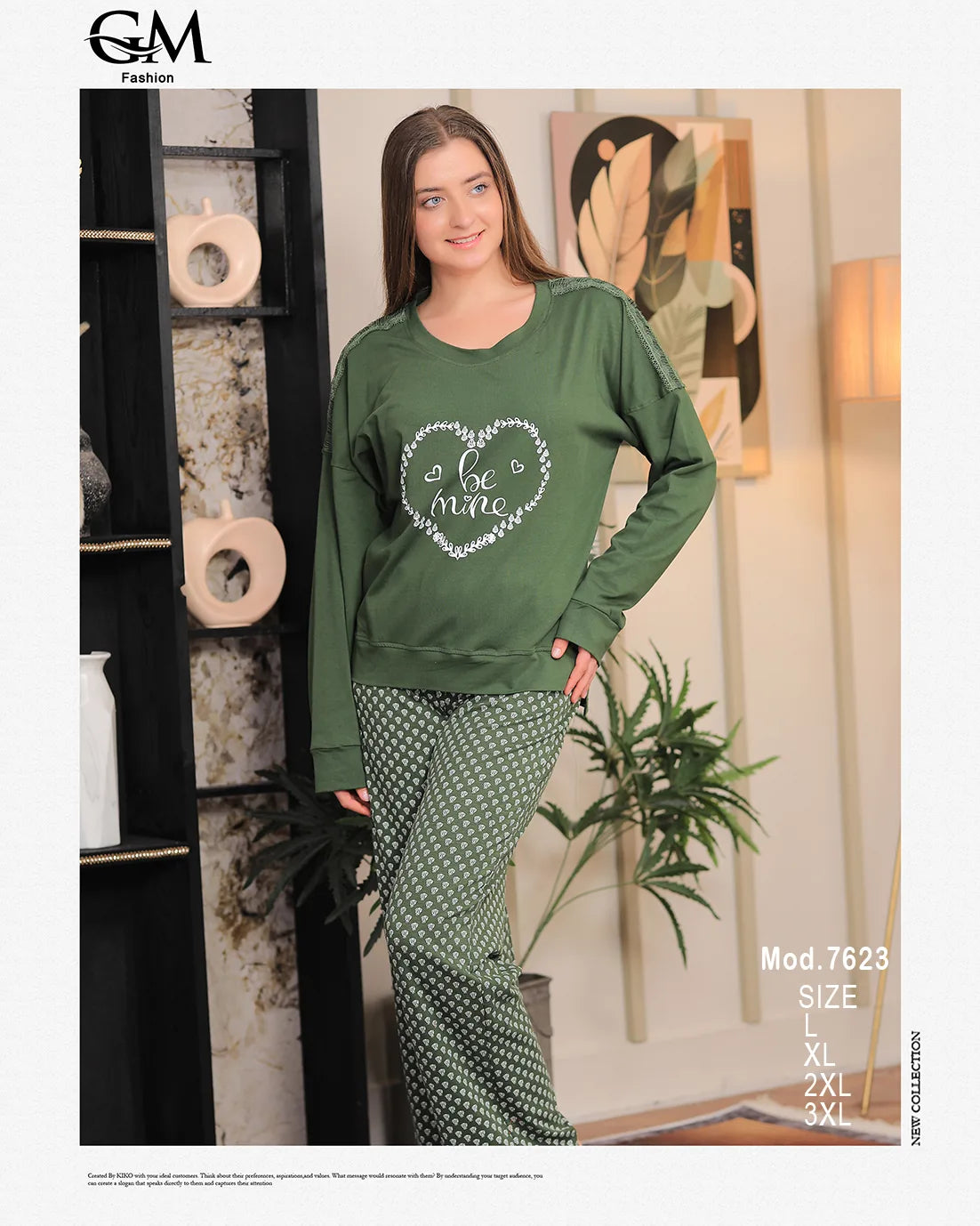 Woman wearing a green sweatshirt with a heart design in a room setting