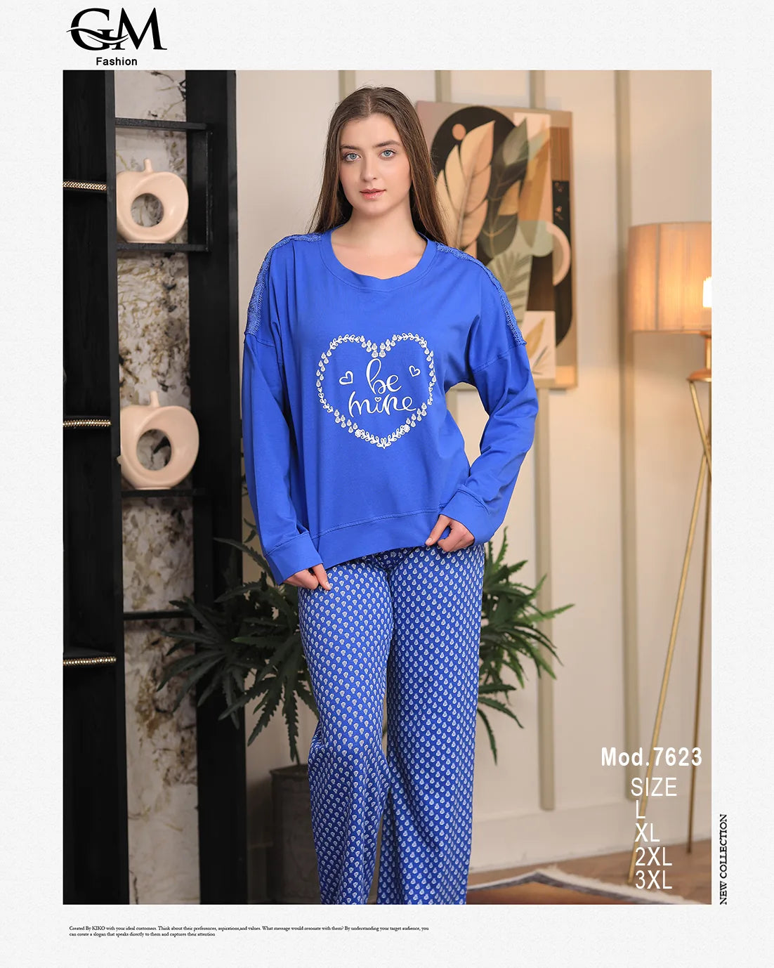 Woman wearing a blue outfit with text in a room setting, featuring a lamp and decorative items.