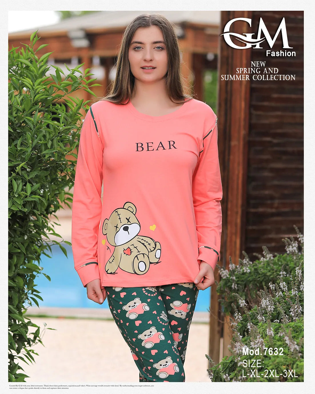 بيجامة قطن صيفية بطبعة دب – موديل 7632 من GM Fashion