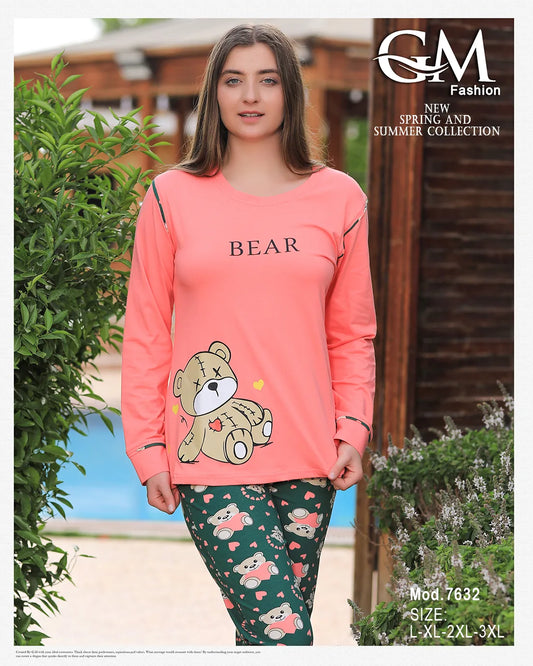 بيجامة قطن صيفي بطبعة دب – موديل 7632 من GM Fashion