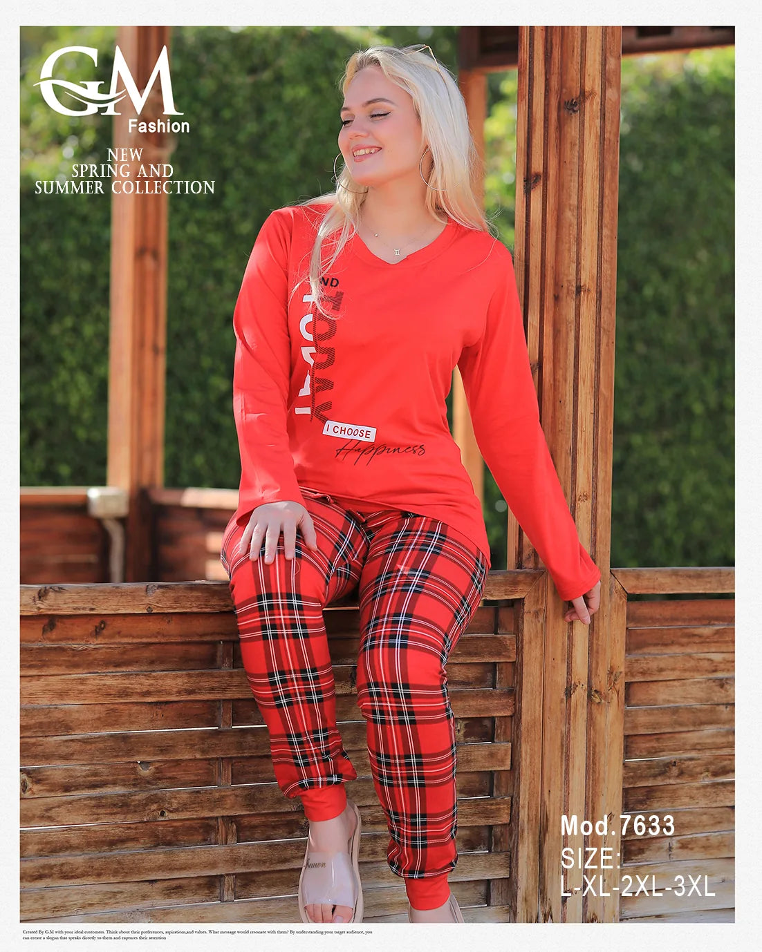 Woman wearing a red outfit with plaid pants, sitting on a wooden structure, with 'GM Fashion' branding.