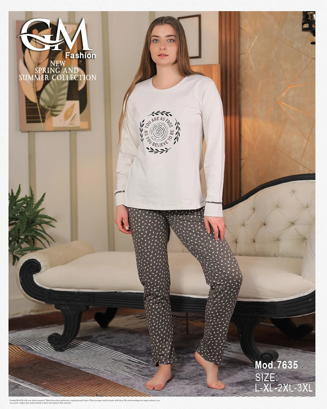 Woman wearing a white sweatshirt and patterned pants in a living room setting with 'G&M Fashion' branding.