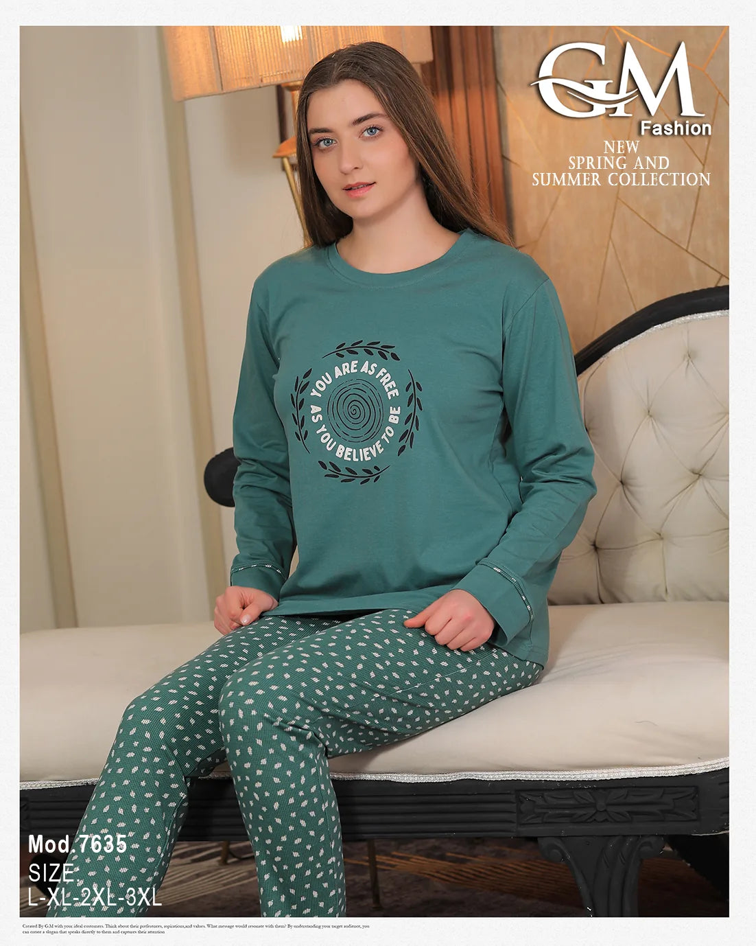 Woman wearing a green pajama set with a visible brand logo in the corner.