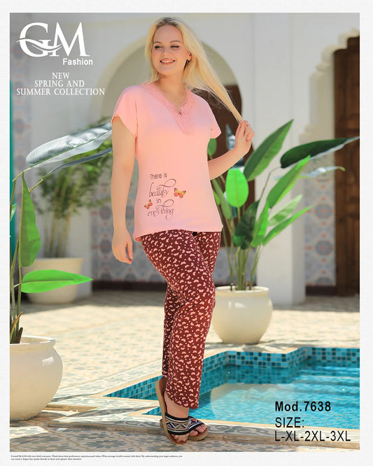 بيجامة نسائي صيفي قطن برسمة ناعمة – GM موديل 7638