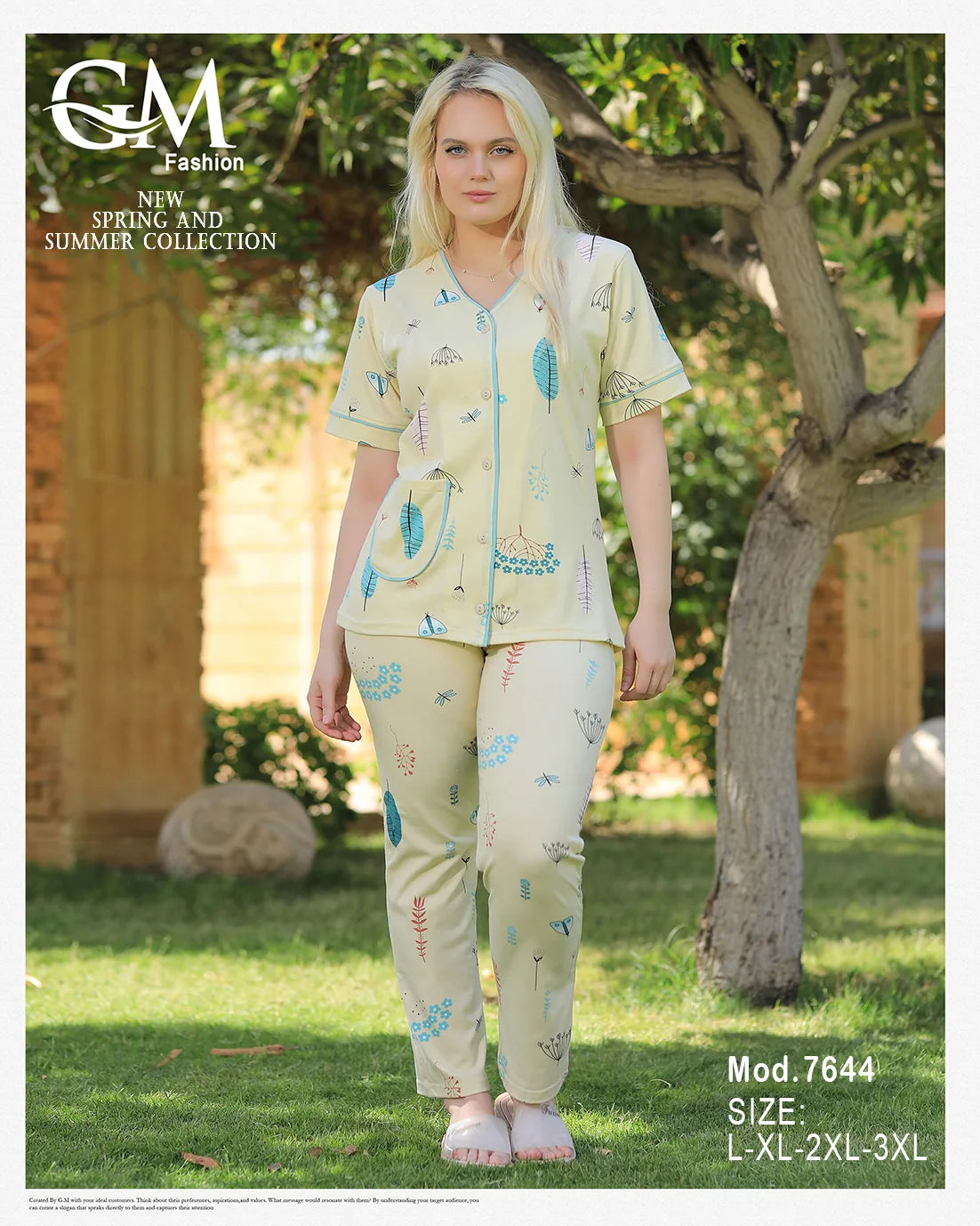 Woman wearing a light-colored outfit with butterfly patterns in an outdoor setting, featuring GM Fashion branding.