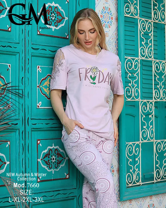 بيجامة حريمي صيفي قطن بطبعة FRIDAY – موديل 7660
