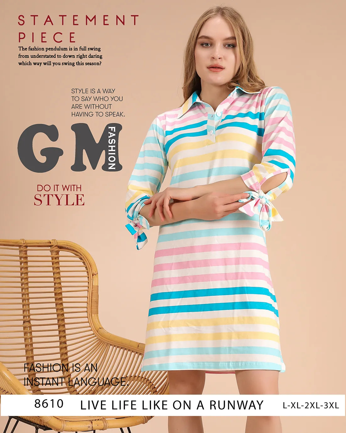 Woman wearing a colorful striped dress with text about fashion and style on a beige background