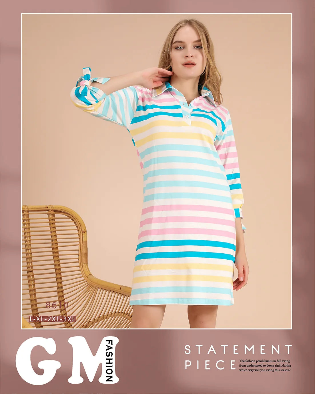 Woman wearing a colorful striped dress with 'GM Fashion' branding on a beige background