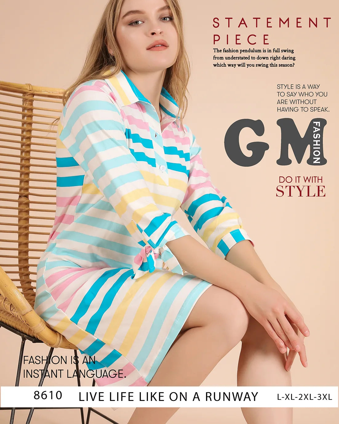 Woman wearing a colorful striped dress sitting on a chair with 'GM Fashion' text.