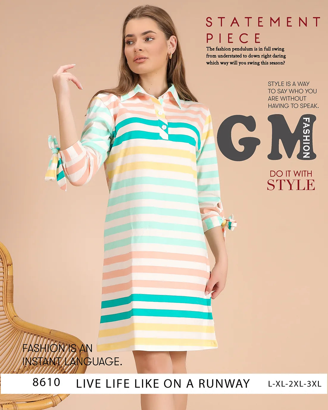Woman wearing a colorful striped dress with 'GM Fashion' branding on a beige background