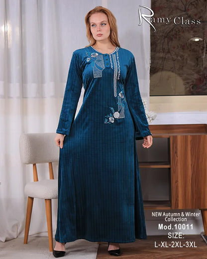 جلابية شتوي قطيفة سادة مطرزة بأكمام واسعة – موديل 10011 | Ramy Class