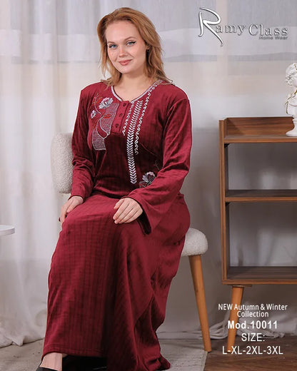 جلابية شتوي قطيفة سادة مطرزة بأكمام واسعة – موديل 10011 | Ramy Class