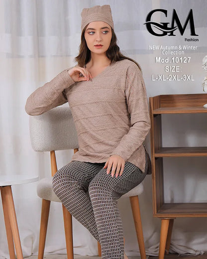 بيجامة شتوي حريمي قطيفة مزخرفة بقبعة – موديل 10127 – GM Fashion