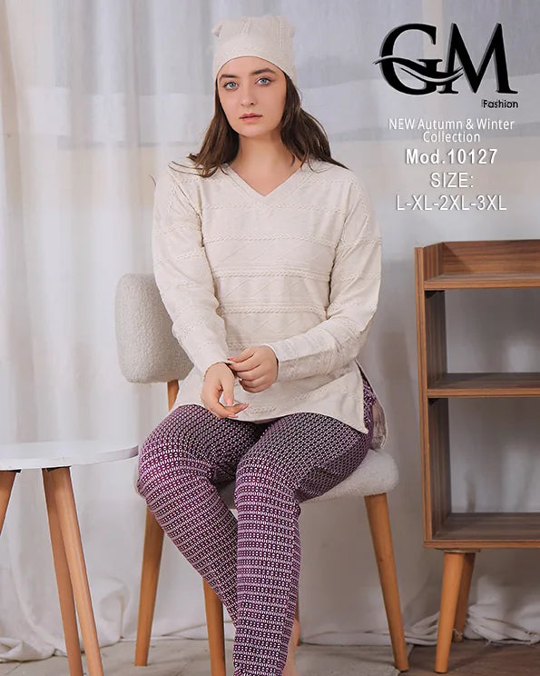 بيجامة شتوي حريمي قطيفة مزخرفة بقبعة – موديل 10127 – GM Fashion