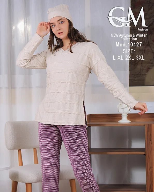 بيجامة شتوي حريمي قطيفة مزخرفة بقبعة – موديل 10127 – GM Fashion