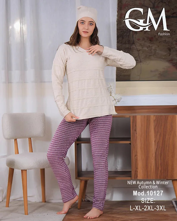 بيجامة شتوي حريمي قطيفة مزخرفة بقبعة – موديل 10127 – GM Fashion