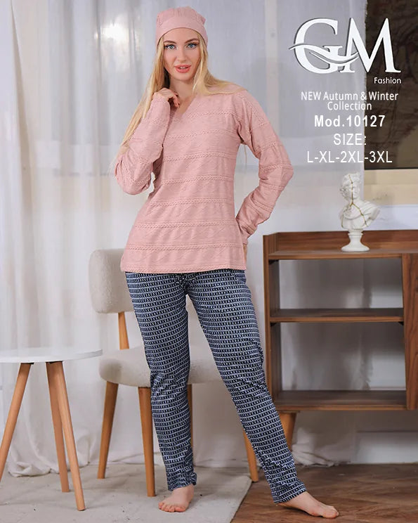 بيجامة شتوي حريمي قطيفة مزخرفة بقبعة – موديل 10127 – GM Fashion
