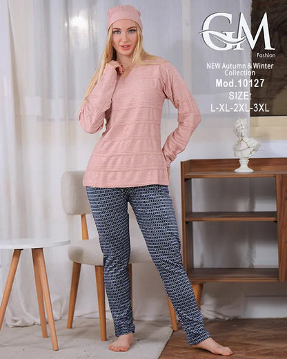 بيجامة شتوي حريمي قطيفة مزخرفة بقبعة – موديل 10127 – GM Fashion