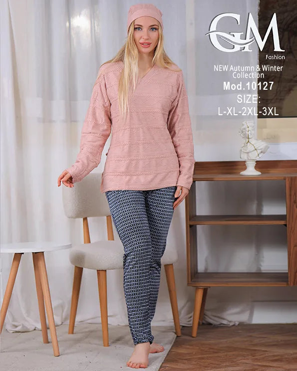 بيجامة شتوي حريمي قطيفة مزخرفة بقبعة – موديل 10127 – GM Fashion
