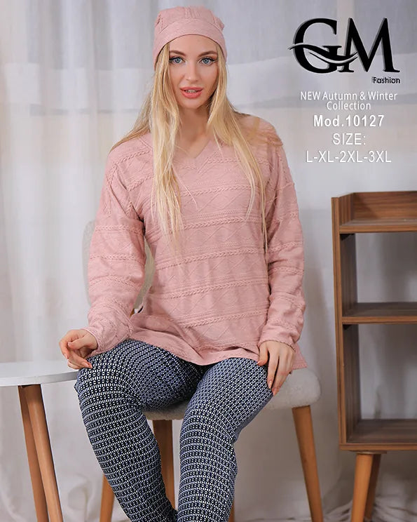 بيجامة شتوي حريمي قطيفة مزخرفة بقبعة – موديل 10127 – GM Fashion