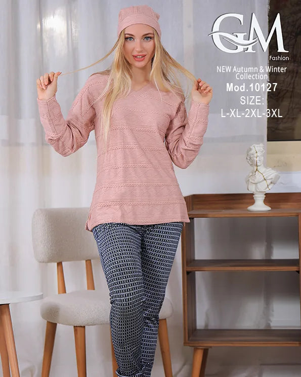 بيجامة شتوي حريمي قطيفة مزخرفة بقبعة – موديل 10127 – GM Fashion
