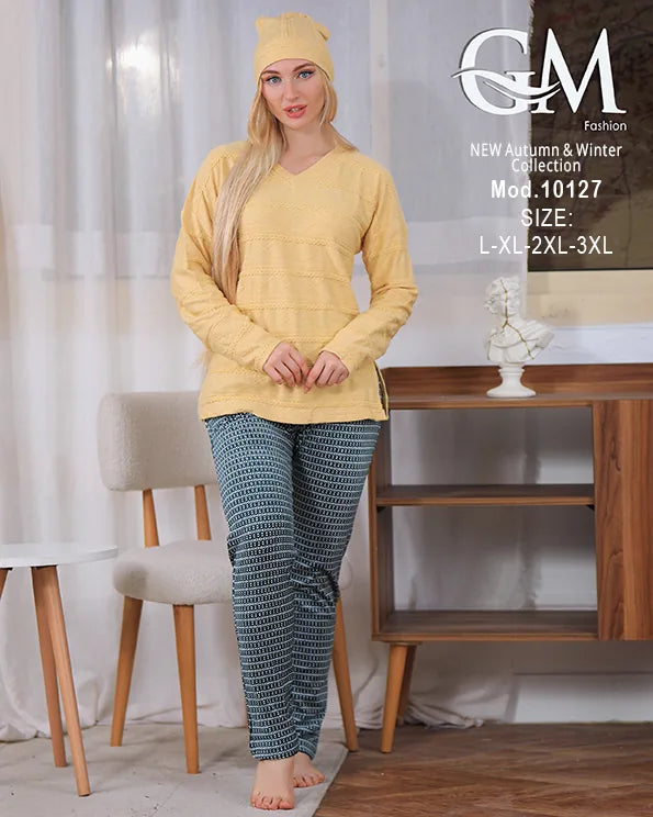 بيجامة شتوي حريمي قطيفة مزخرفة بقبعة – موديل 10127 – GM Fashion