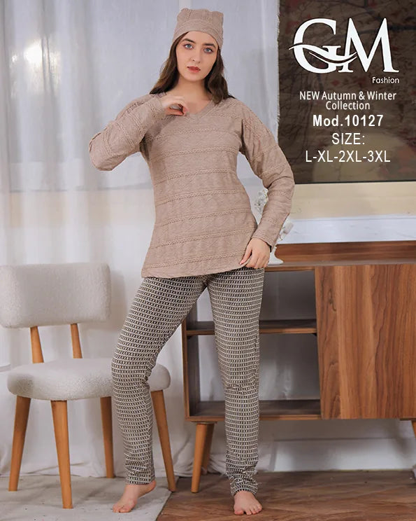 بيجامة شتوي حريمي قطيفة مزخرفة بقبعة – موديل 10127 – GM Fashion