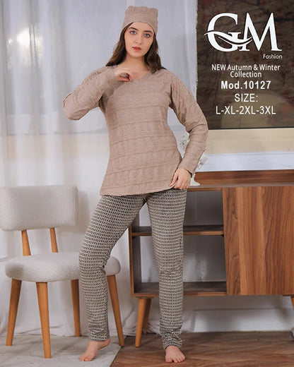 بيجامة شتوي حريمي قطيفة مزخرفة بقبعة – موديل 10127 – GM Fashion