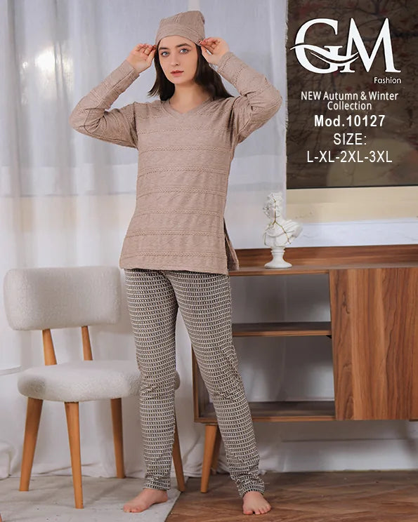 بيجامة شتوي حريمي قطيفة مزخرفة بقبعة – موديل 10127 – GM Fashion