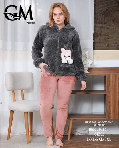 بيجامة شتوي حريمي بجاكيت بولار مبطن دافئ وألوان متنوعة – موديل 10154 – GM Fashion