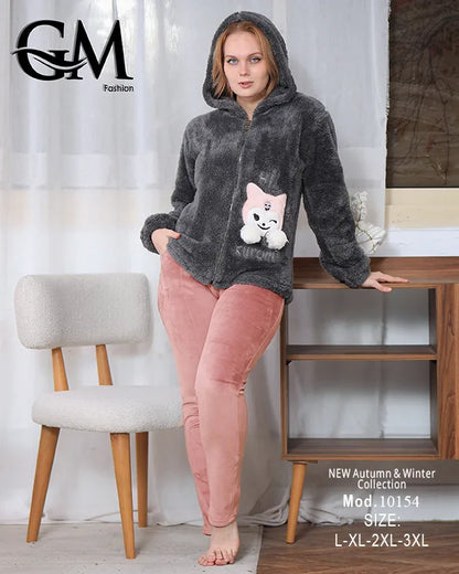 بيجامة شتوي حريمي بجاكيت بولار مبطن دافئ وألوان متنوعة – موديل 10154 – GM Fashion