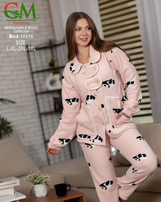 10158بيجامة حريمي Fleece مبطن GM Fashion موديل 10158 | أطقم شتوي برسومات مريحة